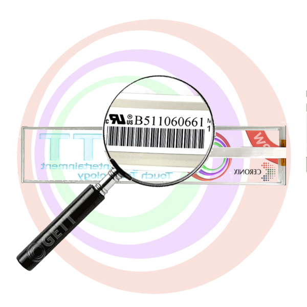A magnifying glass over a 3060C Ceronix Touch sensor, 17.3" with a barcode on it.