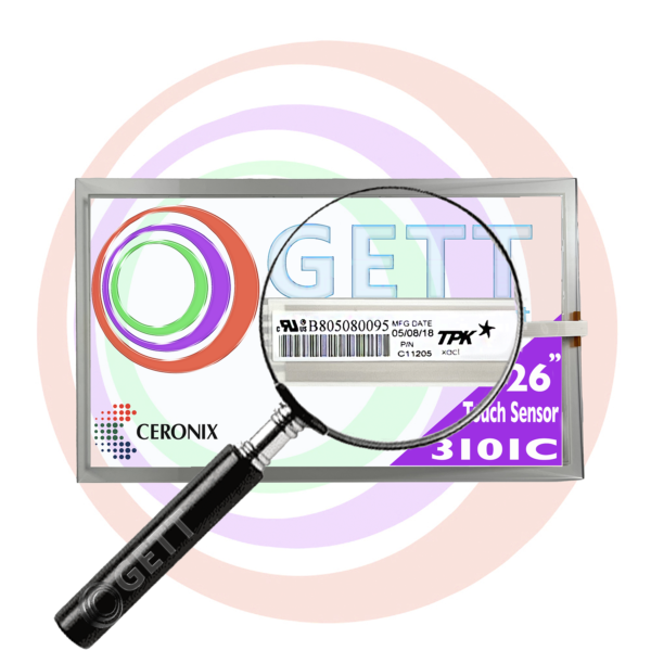 A magnifying glass with a 26" CERONIX / TPK Touch Sensor Part 3101C on it.
