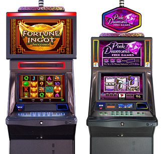 A two slot machines with a white background.