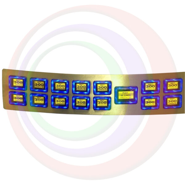 Ainsworth Button Panel GETT Part BP112: A metal bracelet with a rainbow colored design on it.