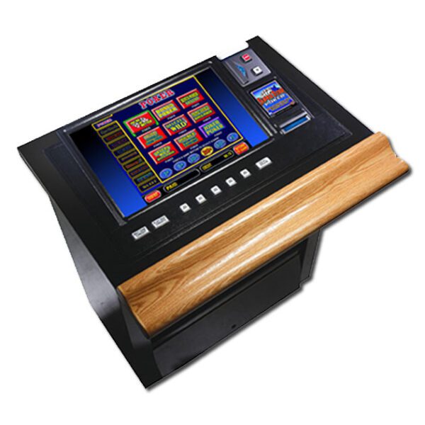 A slot machine with a Button Kit for IGT Bar Top - (6) Play Max Credit (1) Deal Draw (1) Cash Out (1) Bet One (1) Hold on its wooden top and a screen.