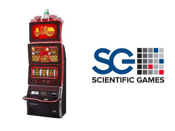 A slot machine with the scientific games logo.