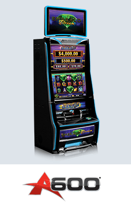 A slot machine with the words Ainsworth 24" LCD Touch MONITOR for use with Ainsworth A600 games. Part 025070, REV B. GETT Part LCDM240.