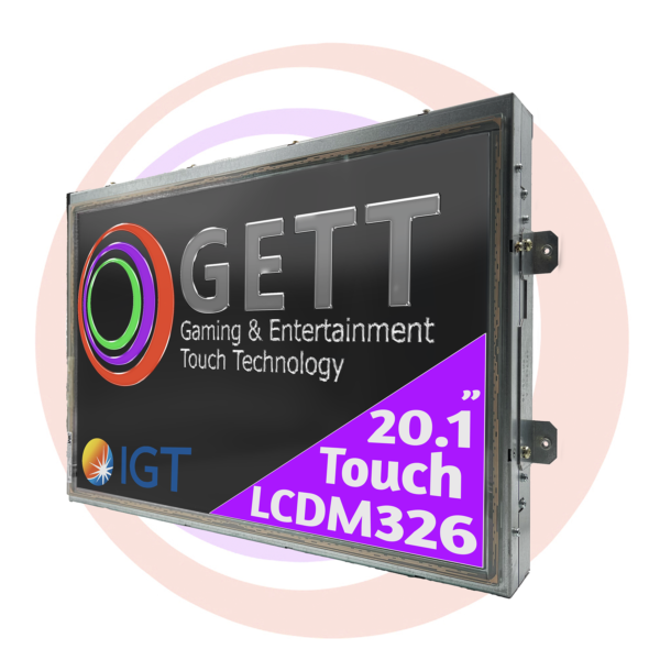 An industrial-grade IGT 20.1 MLD KTL201MD-01 MLD with Touch 20.1" Used Tested screen with the logo and text "gett gaming & entertainment touch technology" and "IGT 20.1 touch LCDM326" on the display.