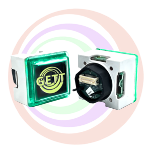 A green and white IGT Refurbished Dynamic Edge Lit Button with the word GETT Part BTN114 on it.
