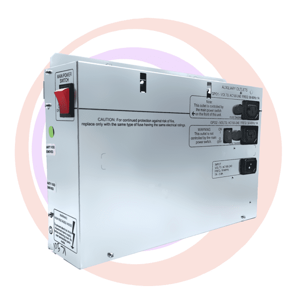 Power supply unit with power switch and outlets.