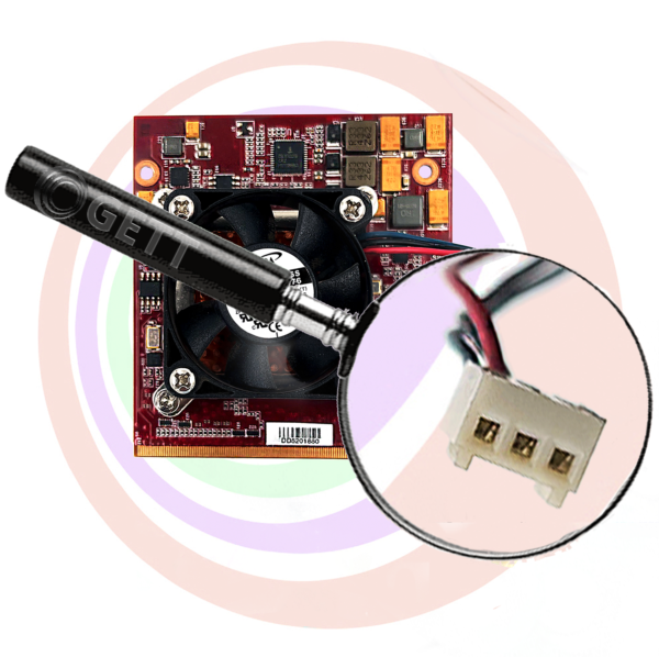 An image of a Konami KP3 Video Card (RED) E6760 card with a fan attached to it. GETT Part VCARD109.