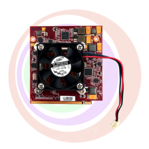 An Konami KP3 Video Card (RED) E6760 card with a fan attached to it.