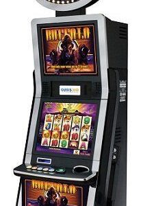 A slot machine with a purple and purple background.