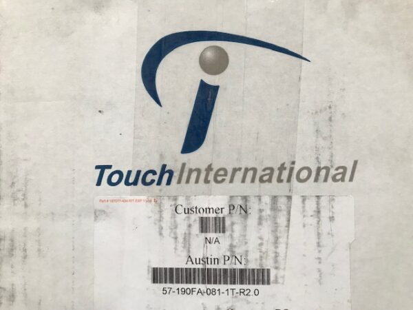 A box with a 19.83" Touch International (TI) touch sensor for use with IGT/ Konami Games on it. GETT Part 3173T.