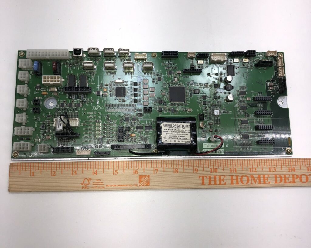 A BackPlane Board for IGT S-AVP, Part 75831401W, Part 91161001 Rev C, GETT Part BPLN105, with a ruler next to it.
