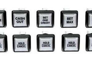 A set of IGT Bartop Button Assy. "HOLD / CANCEL" Sq. VLT. GETT Part BTN128 buttons on a white background.