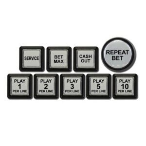 A set of IGT AVP Gamesman Spin / Repeat Bet buttons with the word repeat bet on them.