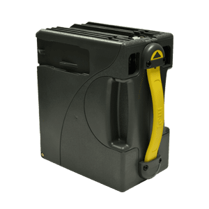 A black and yellow MEI Cashflow 500 Note Cashbox with a yellow handle.