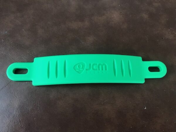 A green plastic clip with the word Handle for IVizion Cash Box. GETT Part BV145 on it.