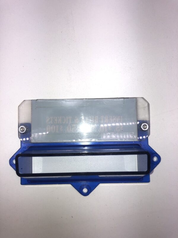 A blue plastic plate with a Refurbished Bally Alpha upright slot door bezel. GETT Part BV200 on it.