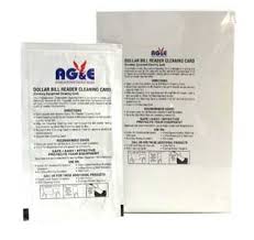 A package of Bill Validator Cleaning Cards (pack of 50) and a package of Bill Validator Cleaning Card.