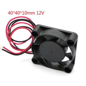 A small COOLING FAN - 40x40x10, 12.0VDC @ 0.15A {High Speed 7200 RPM} with wires and wires on a white background.