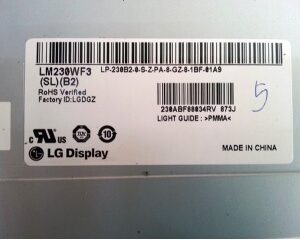 The label on the back of an Original LG LM230WF3-SLF1 Screen 23.0" 1920×1080 LM230WF3-SLF1 Display. GETT Part LCD125 LCD tv.