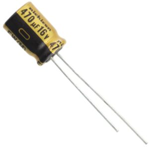 A yellow and black 470uf 16v Nichincon Aluminum Electrolytic Capacitor - Leaded on a white background.