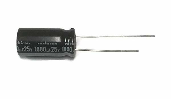 A 1000uf 25v Nichincon Aluminum Electrolytic Capacitor - Leaded on a white background.