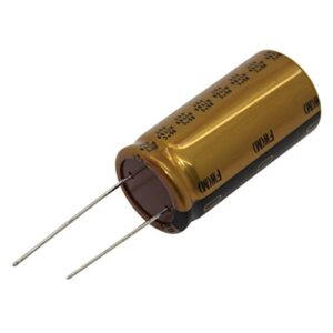 A 100uf 16v Nichincon Aluminum Electrolytic Capacitor - Leaded. GETT Part RCAP112 on a white background.