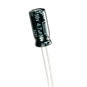 A small 4.7uf 50v Nichicon Aluminum Electrolytic Capacitor on a white background.