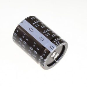 A 470uf 450v Nichicon Aluminum Electrolytic Capacitor - Snap In on a white background.
