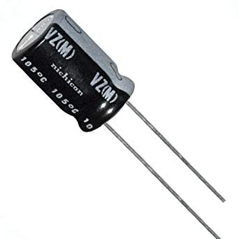 A small 25v 470uf Nichicon Aluminum Electrolytic Capacitor - Leaded on a white background.