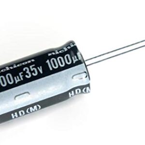 A small 35v 1000uf Nichicon Aluminum Electrolytic Capacitor - Radial Leaded 35v on a white background.