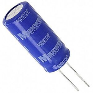 A blue 2.7v 10f Nichicon Supercapacitor / Ultracapacitor on a white background.