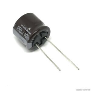A 150uf 100v Nichicon capacitor on a white background.