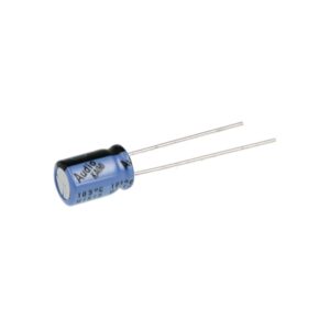 A 100uf 35v Nichicon capacitor on a white background. GETT Part RCAP168.
