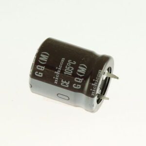 A 270uf 200v Nichicon capacitor on a white background.
