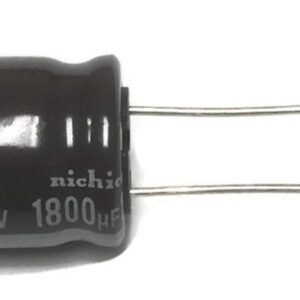 A small black 1800uf 25v Nichicon capacitor on a white background.