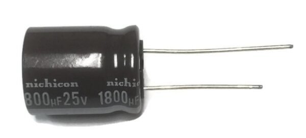 A small black 1800uf 25v Nichicon capacitor on a white background.