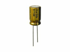 A 220uf 50v Nichicon capacitor on a white background.