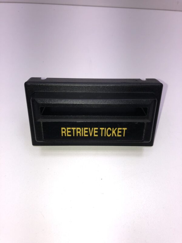 A black Retrieve Ticket Bezel and assembly with the word re-entry on it.