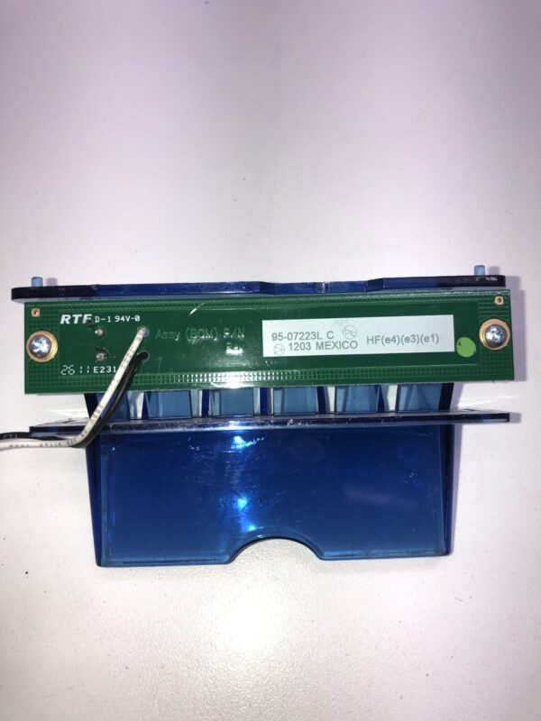 A blue Ticket Printer Bezel and Harness/Connector with a wire attached to it.
