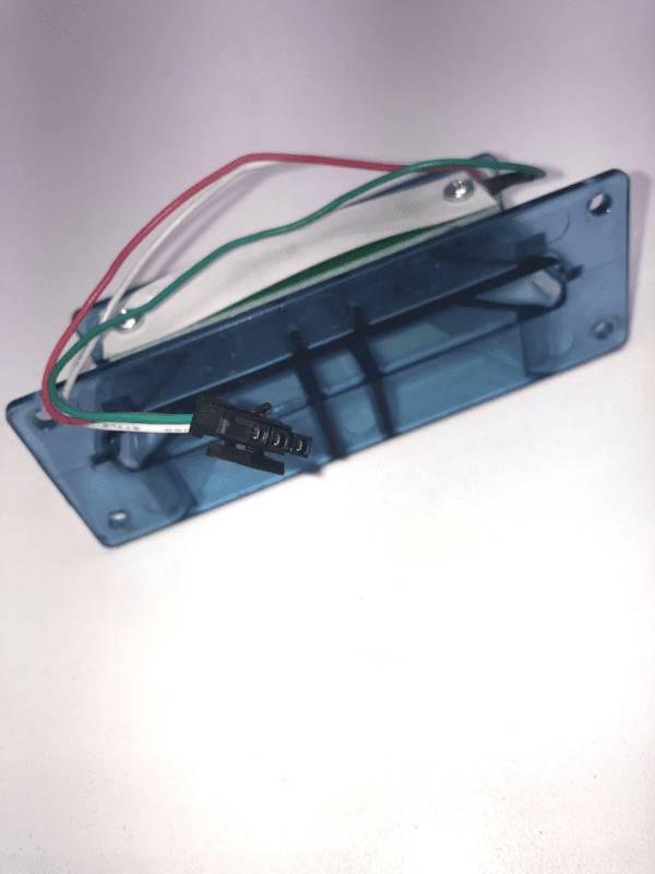 A blue Future Logic ticket printer bezel with wires attached to it.