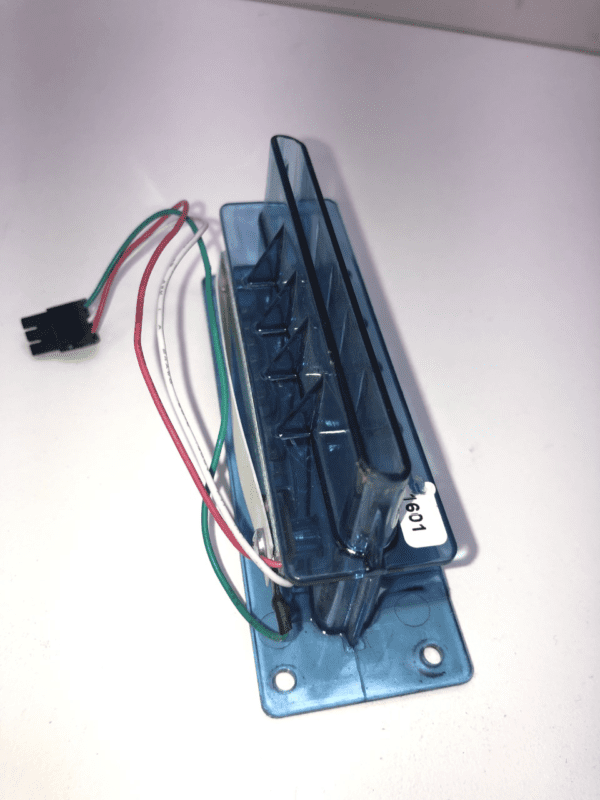 A blue Future Logic ticket printer bezel with wires attached to it. GETT Part Ticket129.
