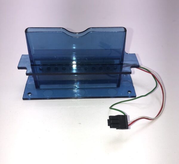 A Blue Ticket Printer Bezel plastic device with wires attached to it.