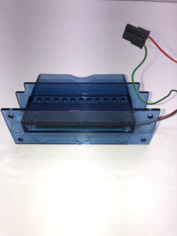 A blue Ticket Printer Bezel with wires attached to it.