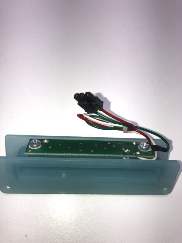 A Light Blue Plastic bezel with cable/connector for Ticket Printer, GETT Part Ticket133, is a small electronic device with wires attached to it.