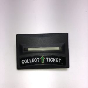 A black ticket holder with the word collect ticket on it. Black Bezel with Plug for Ticket Printer. Fits IGT. See pics for Plug config and size. GETT Part Ticket138