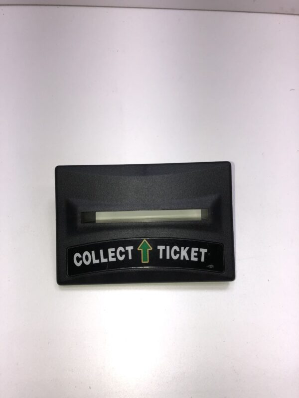 A black ticket holder with the word collect ticket on it. Black Bezel with Plug for Ticket Printer. Fits IGT. See pics for Plug config and size. GETT Part Ticket138