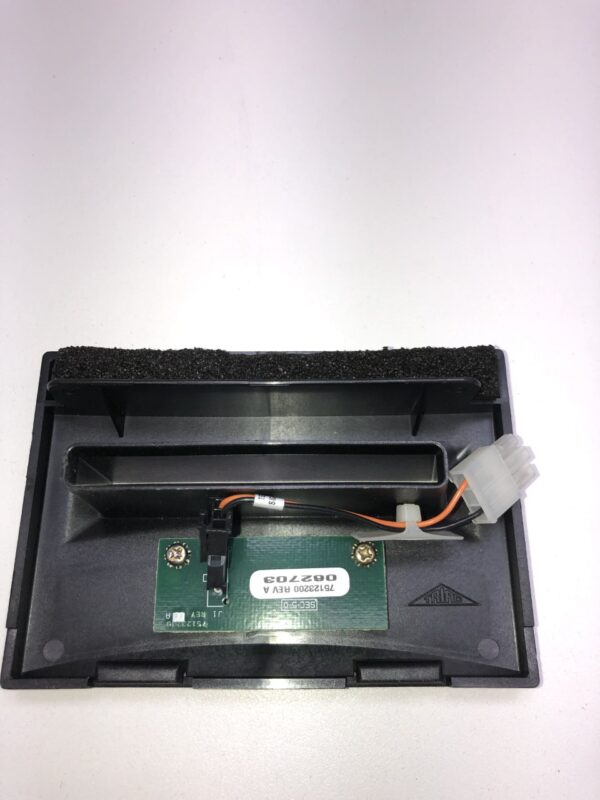 A Black Bezel with Plug for Ticket Printer holder with a wire attached to it.