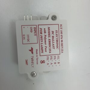 A white box with an IGT ELECTRONIC DC BALLAST FOR F8T5 LAMPS, 25voc, 0.40a, and MODEL EB8DC25A label on it.