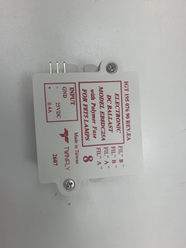 A white box with an IGT ELECTRONIC DC BALLAST FOR F8T5 LAMPS, 25voc, 0.40a, and MODEL EB8DC25A label on it.