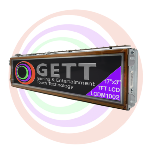 An IGT SAVP 17x3 LCD Panel titled "GETT gaming & entertainment touch technology" featuring a screen size specification of 17"x3".